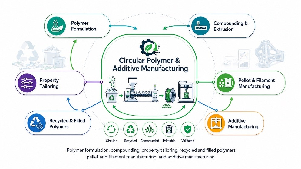 A graphic representation of the subcategories of work under the category of "Circular Polymer & Additive Manufacturing". The image features a circle in the center with the main category and small illustrations of a recycling bin with materials, a recycling platform, and graphic representations of what can be made with recycled materials. The subcategories, starting on the bottom left and going clockwise around the circle, are "Recycled & Filled Polymers," "Property Tailoring," "Polymer Formulation," "Compounding & Extrusion," "Pellet & Filament Manufacturing", and "Additive Manufacturing."