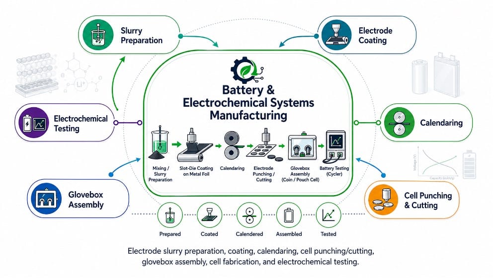 A graphic representation of the various subcategories that contribute to the main research category of "Battery & Electrochemical Systems Manufacturing." The subcategories surround a circle in the center of the image with the main category listed as well as illustrations depicting the processes. The subcategories, starting at the bottom left and going clockwise around the circle" are "Glovebox Assembly", "Electrochemical Testing", "Slurry Preparation", "Electrode Coating", "Calendaring", and "Cell Punching & Cutting."