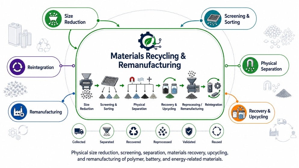 A graphic representation of the subcategories of work that contribute to the main research category of Materials Recycling & Remanufacturing. The subcategories are depicting around a circle with the main category in the middle. The subcategories, starting on the bottom left and going around clockwise, are Remanufacturing, Reintegration, Size Reduction, Screening & Sorting, Physical Separation, and Recovery & Upcycling.
